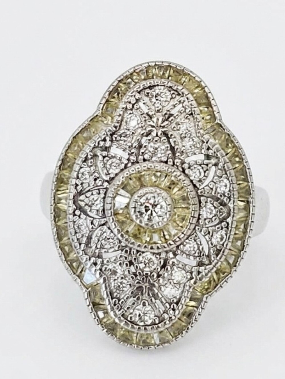 Stunning Art Deco Ornate Diamond Simulant Ring Sterling Silver Rhodium Size 5!